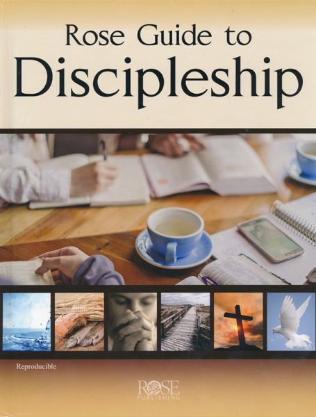The cover of the Rose Guide to Discipleship book displays a collage of Christian-themed images including a person reading a book, a cup of coffee on a desk, and a cross, symbolizing spirituality and discipleship.