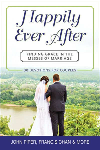 The cover of the book 'Happily Ever After' featuring the title and subtitle 'Finding Grace in the Messes of Marriage', with an image of a couple standing overlooking a landscape.
