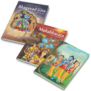 Set of three hardcover books for children on religious topics, including covers for 'Bhagavad Gita', 'Mahabharata', and 'Ramayana'. Each book has colorful illustrations related to the respective epic stories.