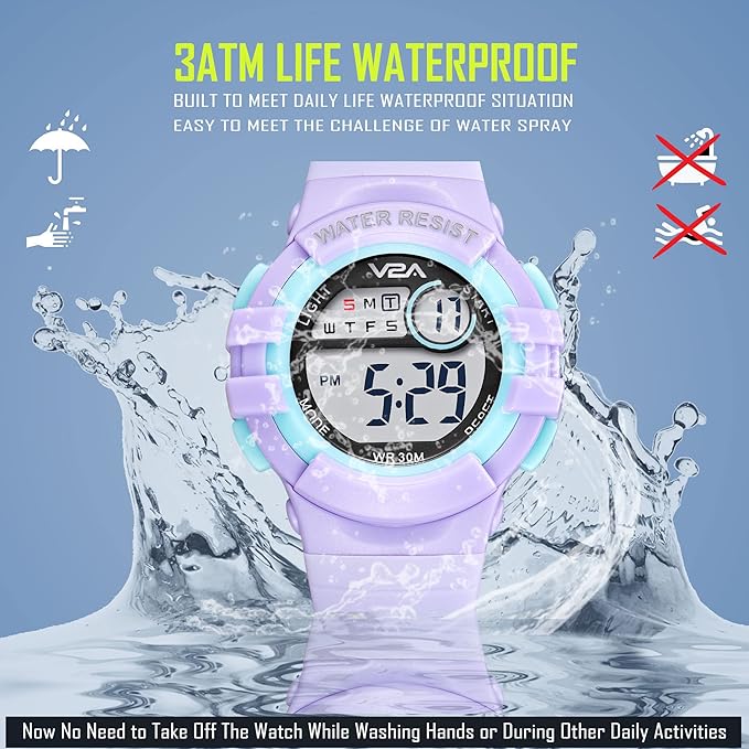 V2A Girls Kids Watch - Gifts for Girls Age 3-10 30 M Waterproof Digital Sports Watches for 3 4 5 6 7 8 Year Old Girls