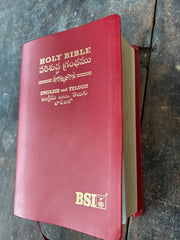 Red Bible with gold text on a wooden surface