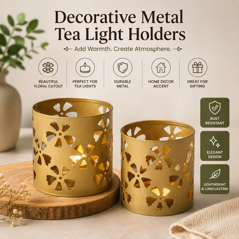 Floral Glow Gold Tealight Candle Holders – Decorative Metal Lantern Set of 2