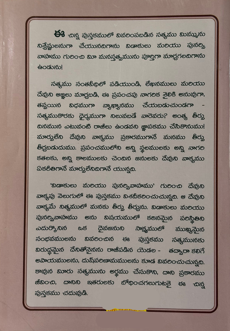Vidakulu Mariyu Punarvivahamu Gurinchi Adaragotte Nijanimulu Telugu Christian Book EachDayKart