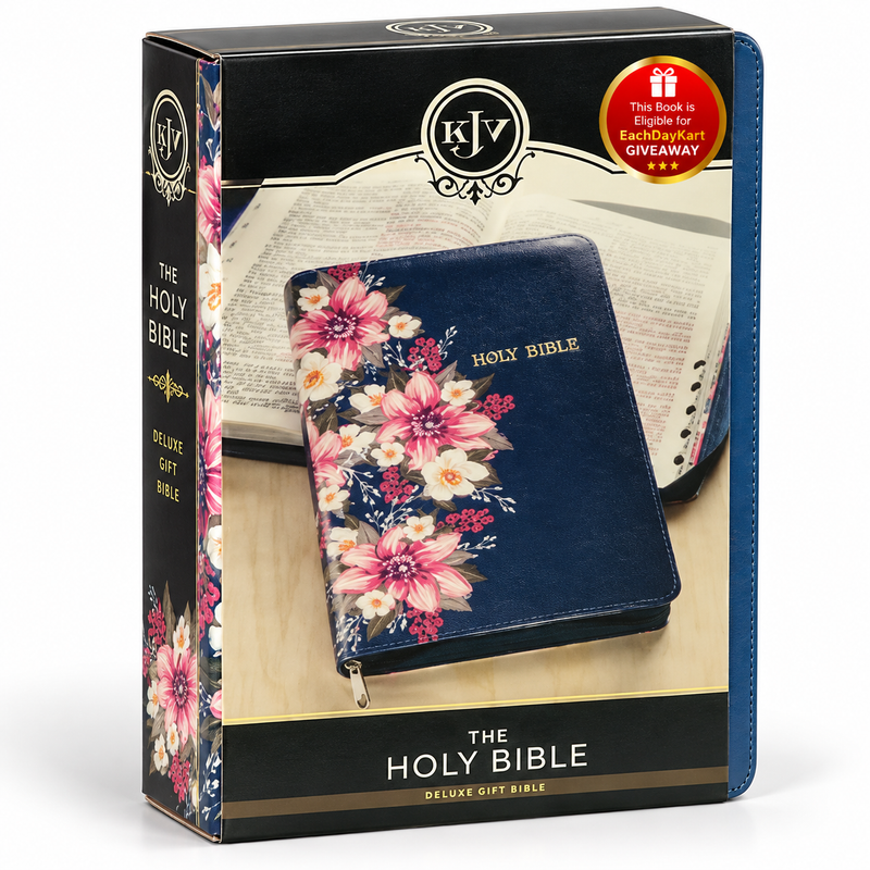 KJV Holy Bible Deluxe Gift Edition Blue Floral Bonded Leather Zipper Closure Red Letter English Bible