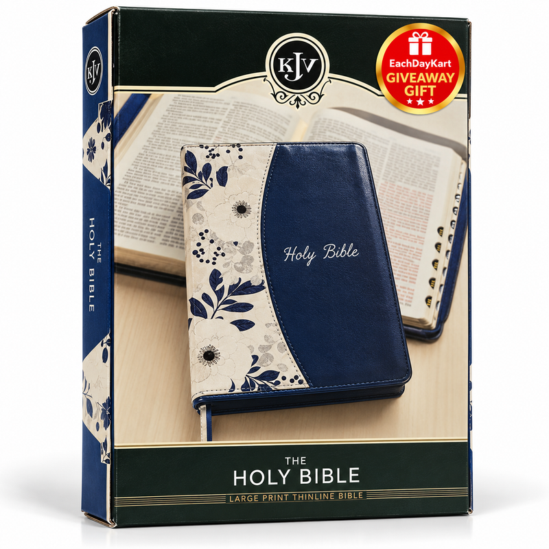 KJV Holy Bible Thinline Large Print Zipper Thumb Index Blue Floral English Bible