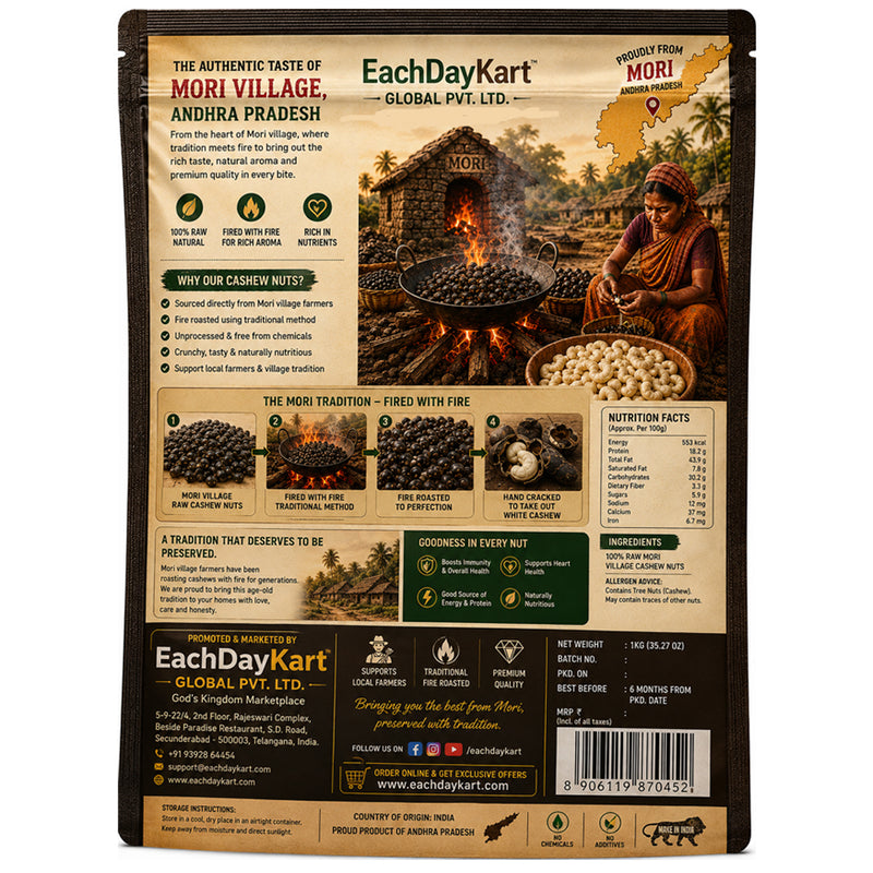 MORI Village Fire Roasted Jumbo Cashew Nuts (Premium W320/W240) | 1KG | Andhra Pradesh | EachDayKart