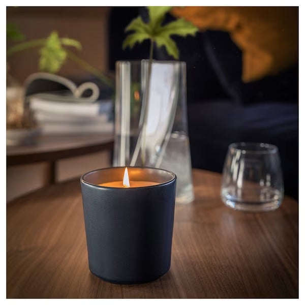 IKEA Fruktskog scented candle in ceramic jar vetiver and geranium black turquoise