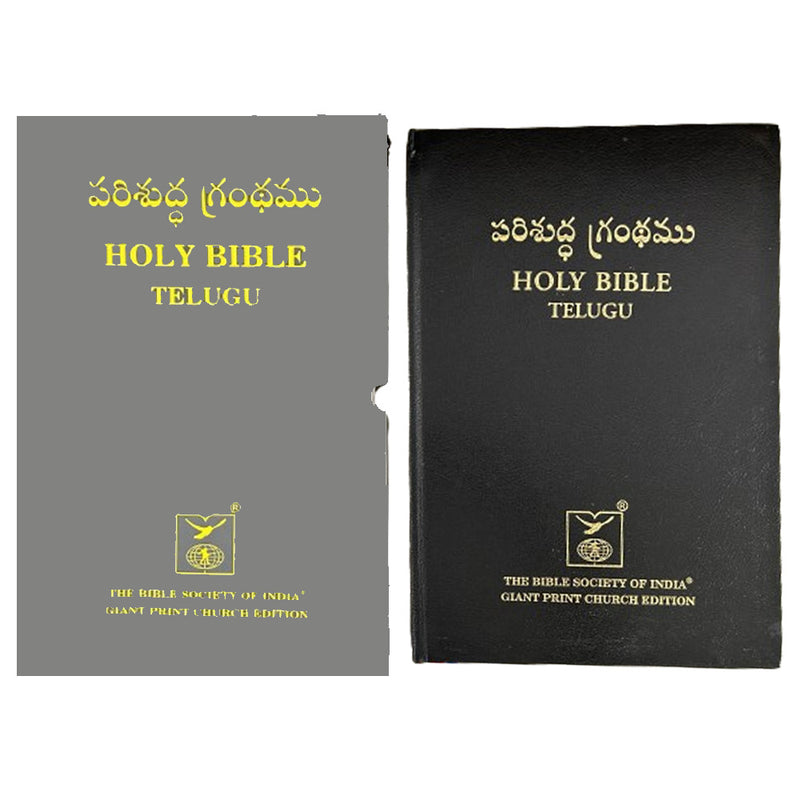 Two Telugu Bibles, one gray and one black, with gold text on a white background.