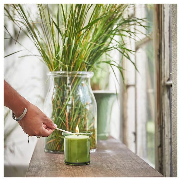 IKEA Hedersam scented candle in glass fresh grass light green