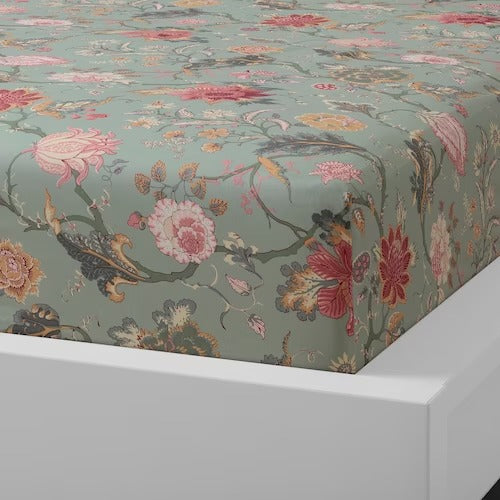IKEA NASSELKLOCKA Fitted sheet, light green-grey/multicolour | IKEA Bedsheets | IKEA Home textiles | Eachdaykart