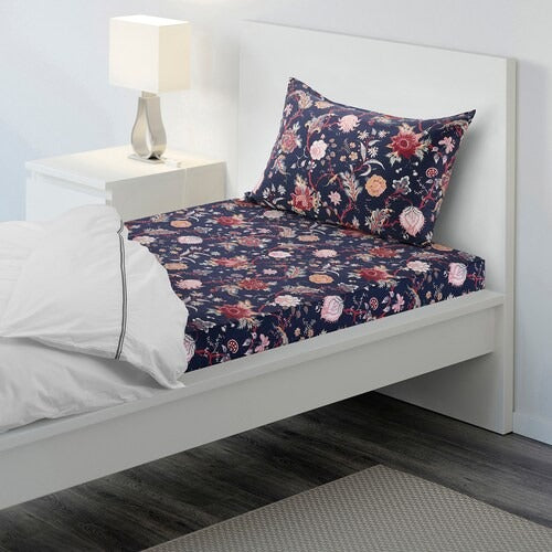IKEA NASSELKLOCKA Flat sheet and pillowcase, dark blue/multicolour | IKEA Bedsheets | IKEA Home textiles | Eachdaykart
