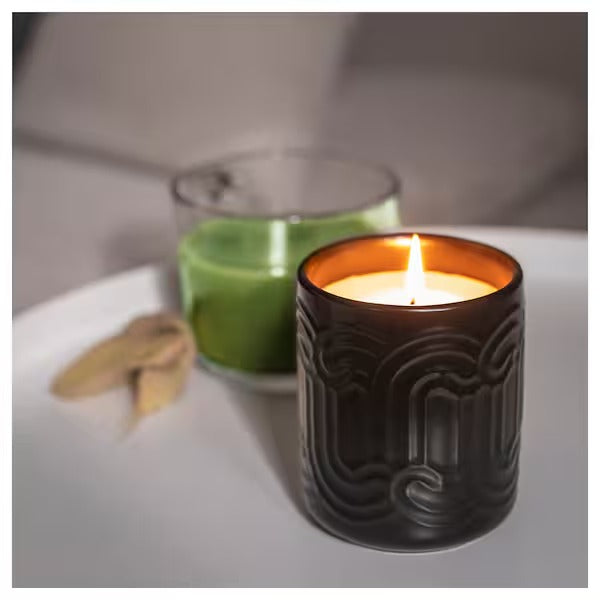 IKEA Sotron scented candle in ceramic jar matcha tea and ginger black