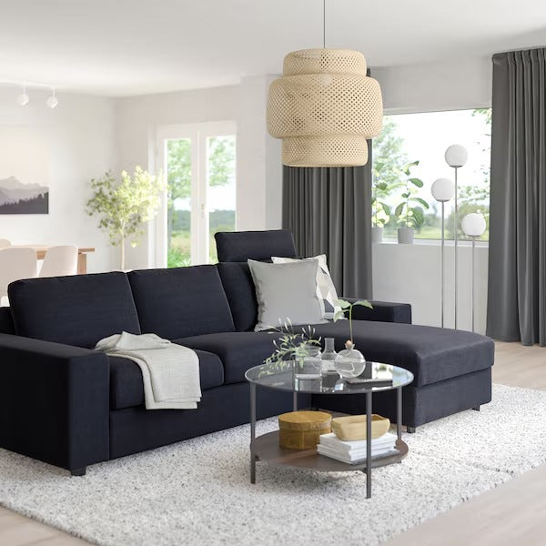 IKEA Vimle 3 seat sofa with chaise longue with wide armrests with headrest saxemara black blue