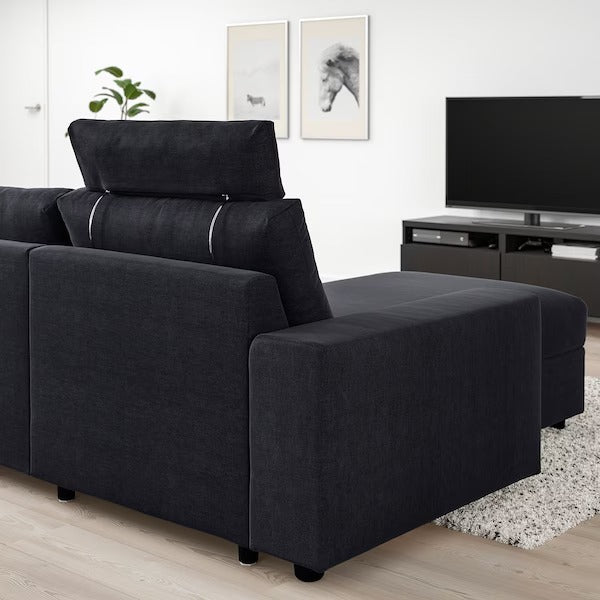 IKEA Vimle 3 seat sofa with chaise longue with wide armrests with headrest saxemara black blue