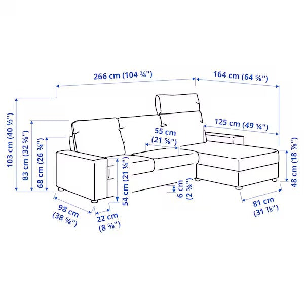 IKEA Vimle 3 seat sofa with chaise longue with wide armrests with headrest saxemara black blue