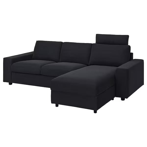 IKEA Vimle 3 seat sofa with chaise longue with wide armrests with headrest saxemara black blue