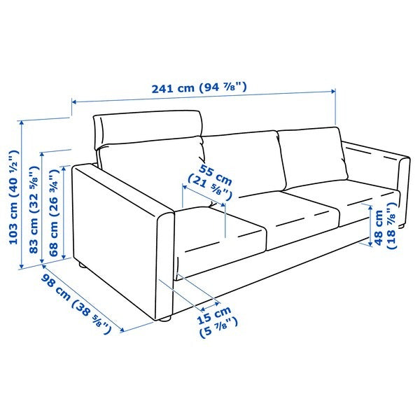 IKEA Vimle 3 seat sofa with headrest saxemara light blue