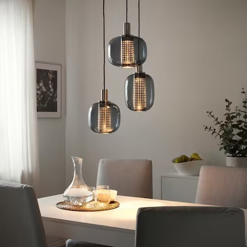 IKEA HOGVIND Pendant lamp with 3 lamps, nickel-plated/grey glass | IKEA ceiling lights | Eachdaykart - EachDayKart