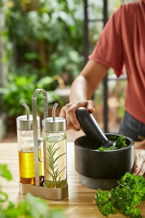 IKEA ORTFYLLD 3-piece oil/vinegar set, glass/stainless steel | Spice & condiment stands | Storage & organisation | Eachdaykart - EachDayKart