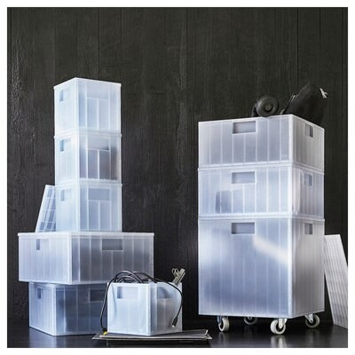 IKEA PANSARTAX Box with castors and lid, transparent grey-blue