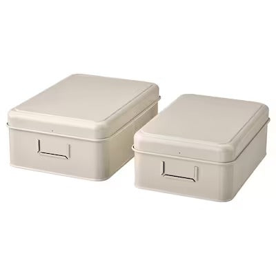 IKEA PLOGFARA Storage box with lid, set of 2, light beige